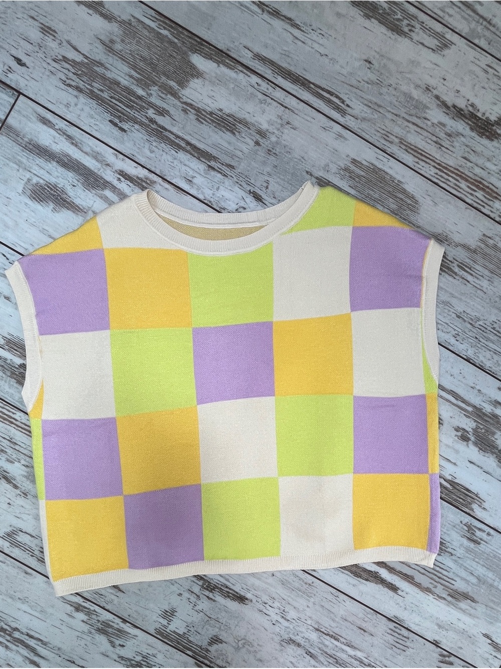 Pastel Checkerboard Knit Sweater Vest Womens Small Lavender Lime Yellow NWOT - Picture 5 of 8